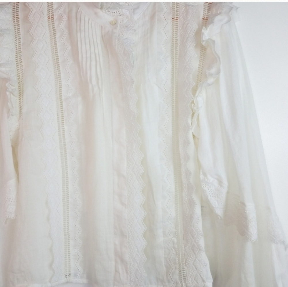 Frame Natalie White Embroidered Ramie Ling Sleeve Top Size Small - Picture 6 of 10